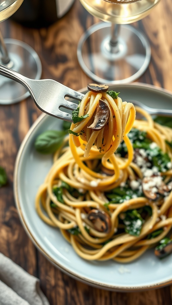 Delicious spinach and mushroom pasta garnished with parsley and Parmesan on a rustic table.